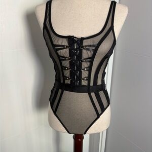 Honey Birdette Alina Sheer Lace-Up Bodysuit Small